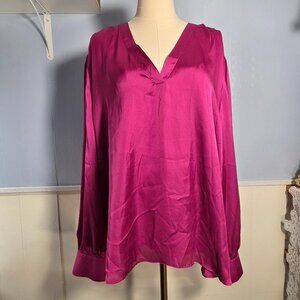 Express XXL Bright Silky Pink V Neck Longsleeve Dressy Holiday Office Blouse